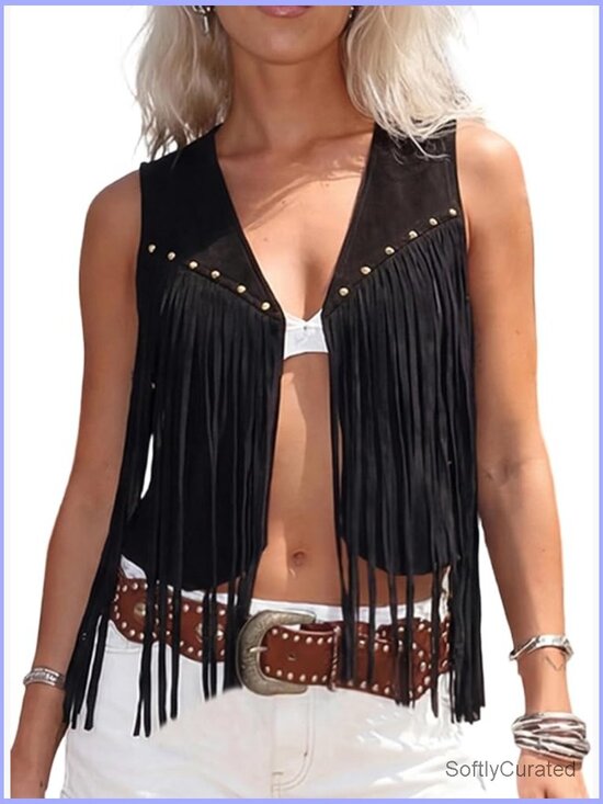 Jackets & Blazers - Sleeveless Fringe Tassel Vest Open Front Cardigan Boho Cowgirl Outfit